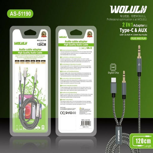 AS-51190 Male 3.5mm To Male 3.5mm + Type C Cable 1.2m